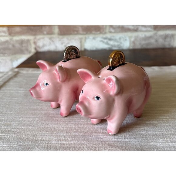 Clay Art Vintage Piggy Bank with Coins Salt and Pepper Shakers - Picture 1 of 16